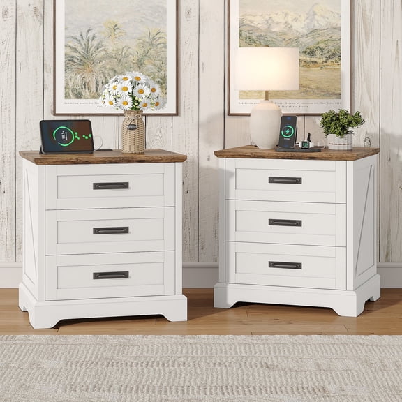 Farmhouse Nightstand Set of 2, 22 inch Side Table with Charging Station for Bedroom, 2PCS, White