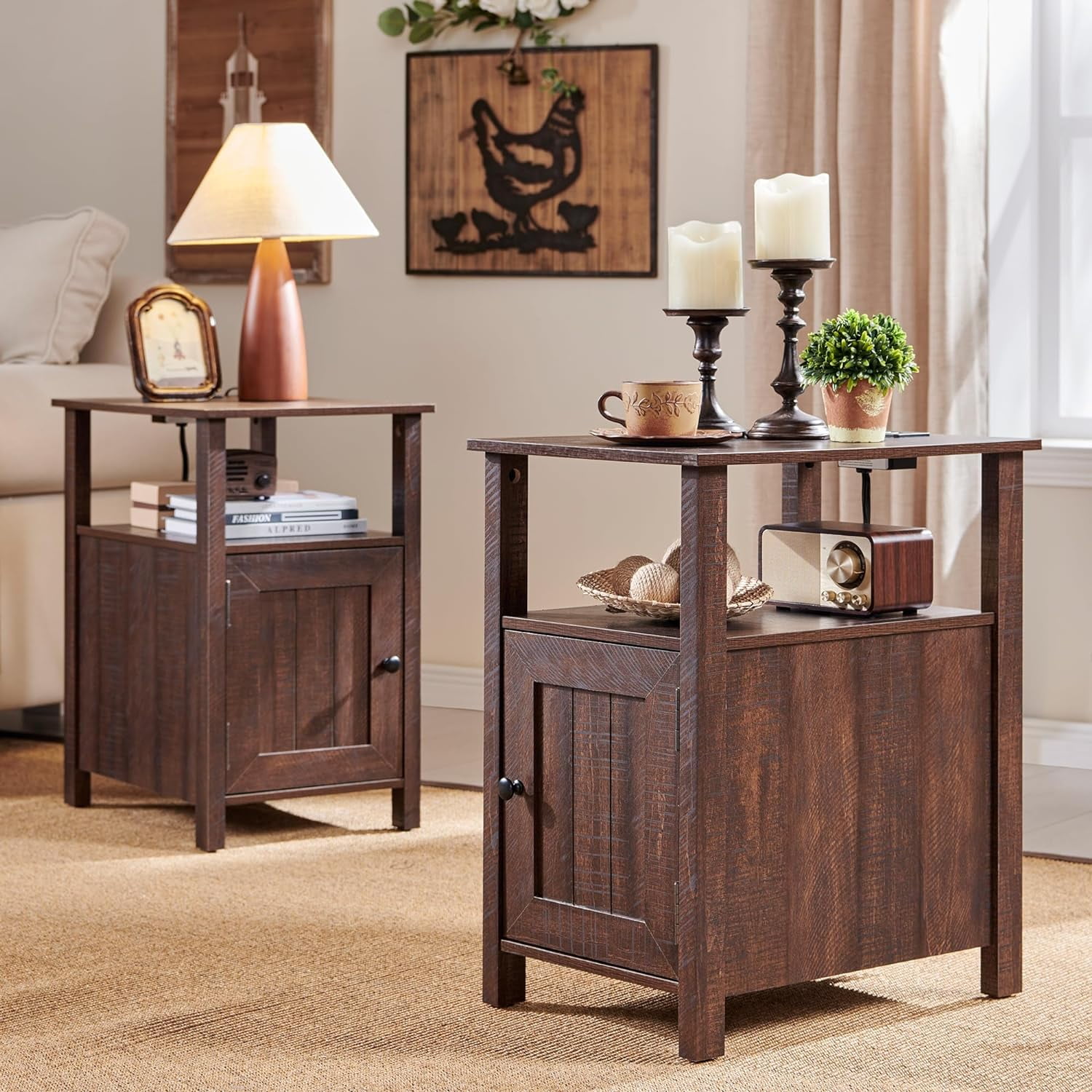 Rustic Brown Wood Nightstand Set with Charging Station