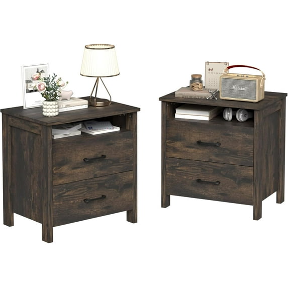 Farmhouse Nightstand Set of 2, Rustic Nightstand with 2 Drawers, Wood End Table with Open Shelf, Side Table for Bedroom, Dark Brown