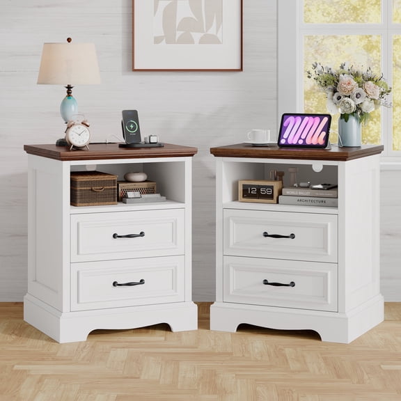 Farmhouse Nightstand Set of 2 with Charging Station, 18'' Bedroom End Table Side Table with 2 Drawers, White Brown