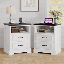 Farmhouse Nightstand Set of 2 with Charging Station, 18'' Bedroom End Table Side Table with 2 Drawers, White