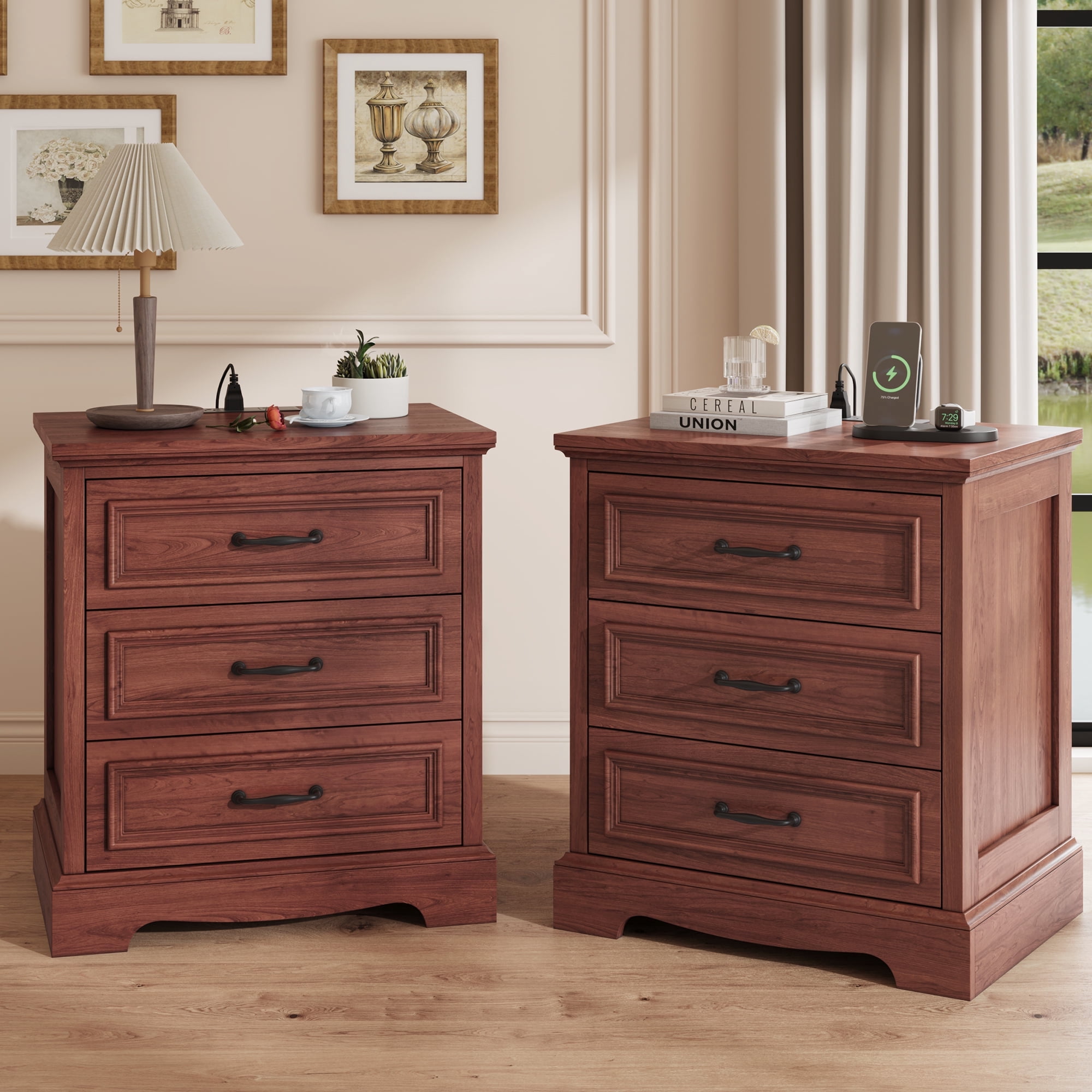 Farmhouse Nightstand Set of 2 with Charging Station, 3 Drawers Bedside Table for Bedroom for Adults, Cherry Brown
