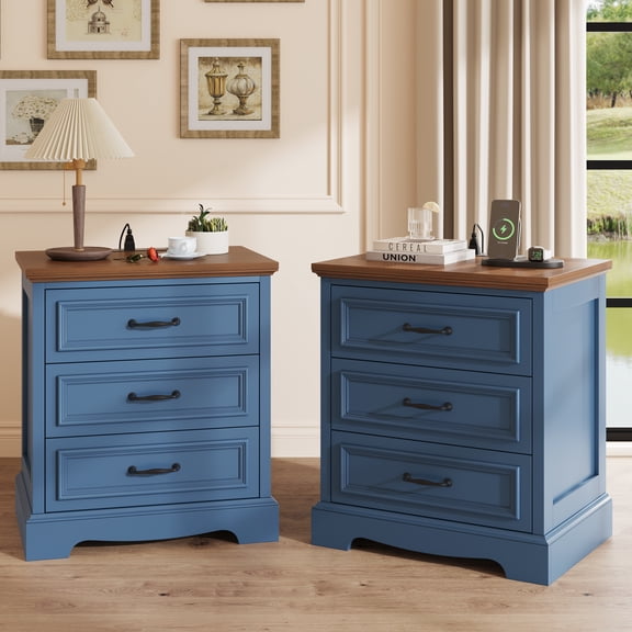 Farmhouse Nightstand Set of 2 with Charging Station, 3 Drawers Bedside Table for Bedroom for Adults, Dark Blue
