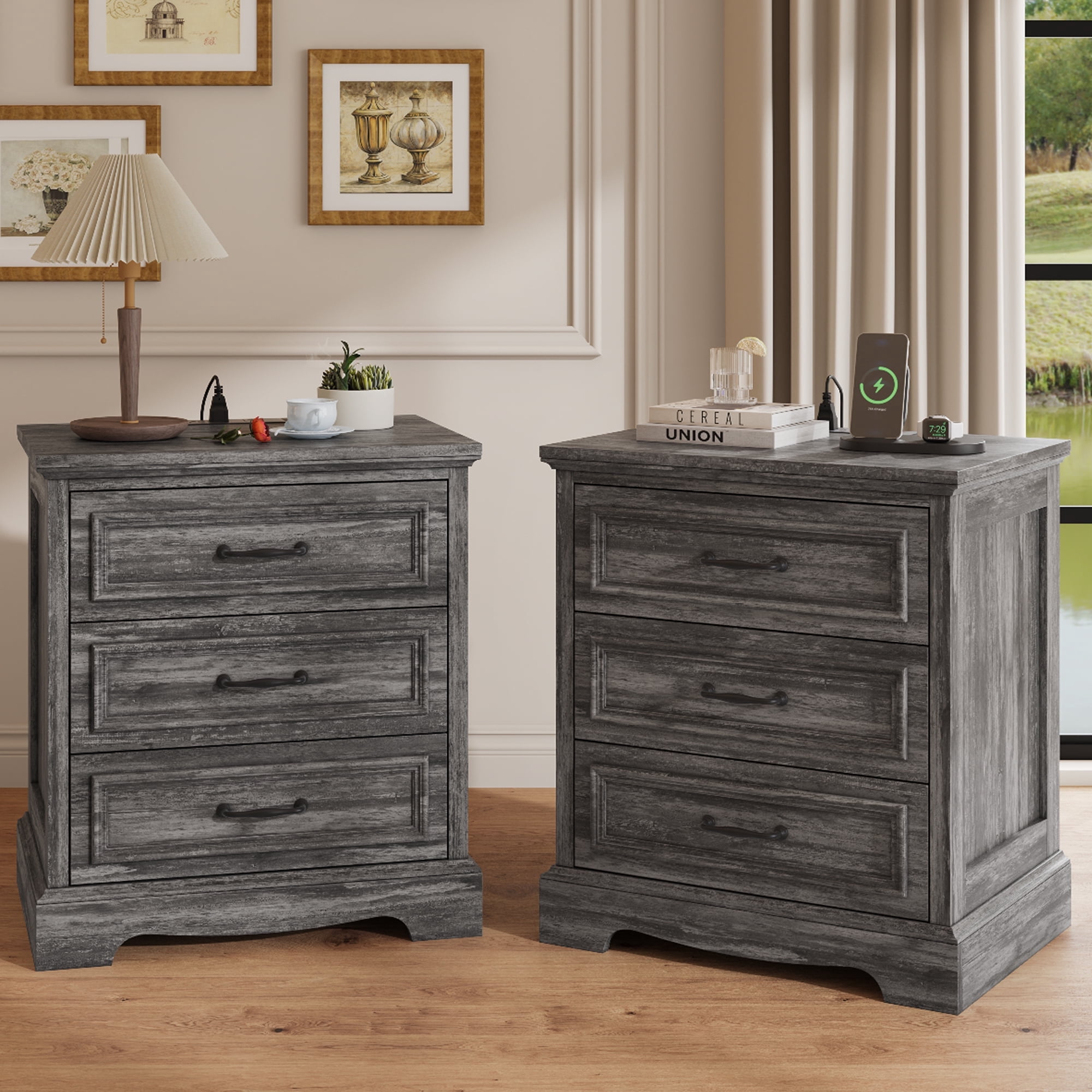 Farmhouse Nightstand Set of 2 with Charging Station, 3 Drawers Bedside Table for Bedroom for Adults, Dark Gray