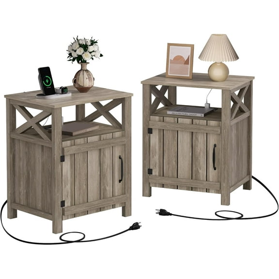 Farmhouse Nightstand Set of 2 with Charging Station, Gray, Side Table, End Table with Barn Door & Shelf, Rustic, for Bedroom, Living Room