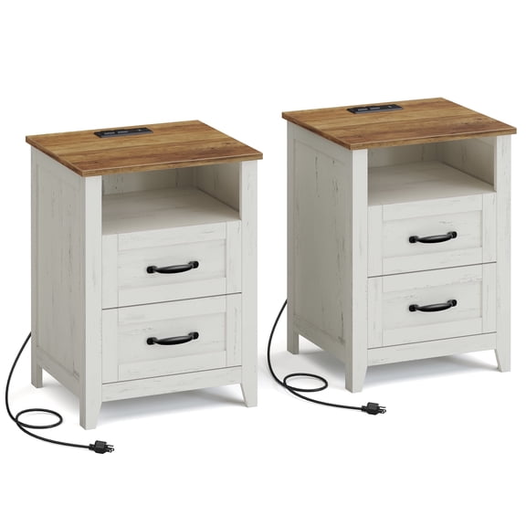 Farmhouse Nightstand Set of 2 with Charging Station - Rustic Bedside Tables with Drawers, Rustic White and Honey Brown