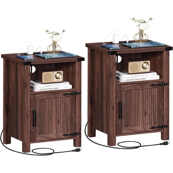 Farmhouse Nightstand Set of 2 with Shelf and Barn Door Wood Modern Beside Tables for Bedroom Living Room, Walnut