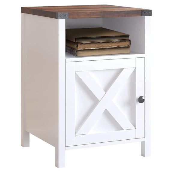 Farmhouse Nightstand, Side Table, End Table with Barn Door and Shelf, Modern Bed Side Table End Table, Rustic Nightstands Set for Bedroom, Living Room, White