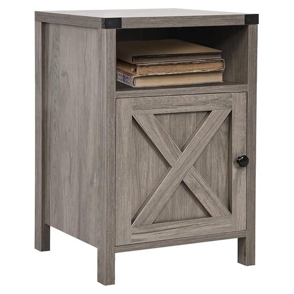 Farmhouse Nightstand, Side Table, End Table with Barn Door and Shelf, Rustic Modern Bed Night Stand for Bedroom, Living Room, Grey Wash