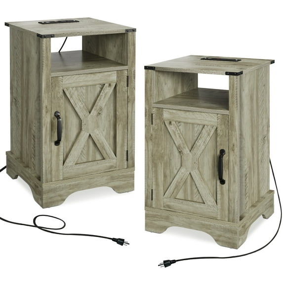 Farmhouse Nightstand Side Table, Wooden Rustic End Table, Tall Bedside Table with Electrical Outlets Charging Station (2 Sets) - Dark Gray