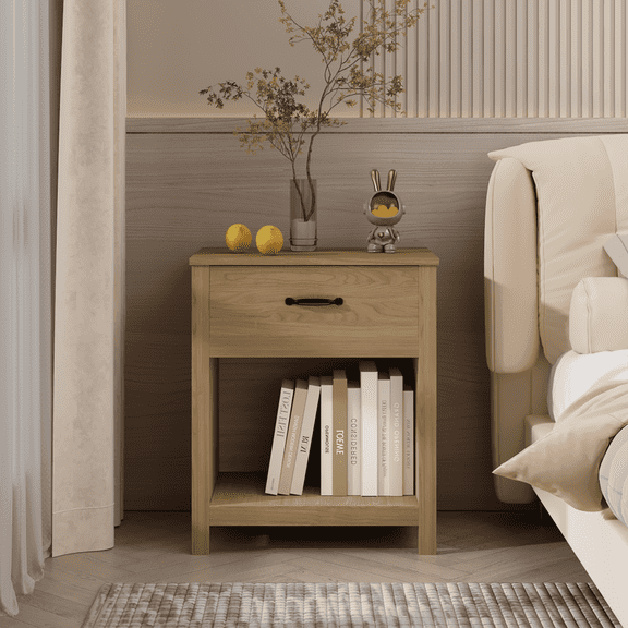 22" Farmhouse Nightstand, Small Beside Table with Storage, 2-Tier Wood End Table with Drawer and Open Storage Shelf, Suitable for Bedroom, Living Room