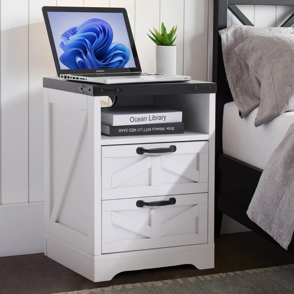 Farmhouse Nightstand White Wooden Bedside Table with 2 Drawers & Built-in USB Charging Station  21.69 High, 150 LBS Top Capacity, for Bedroom, Guest Room Storage