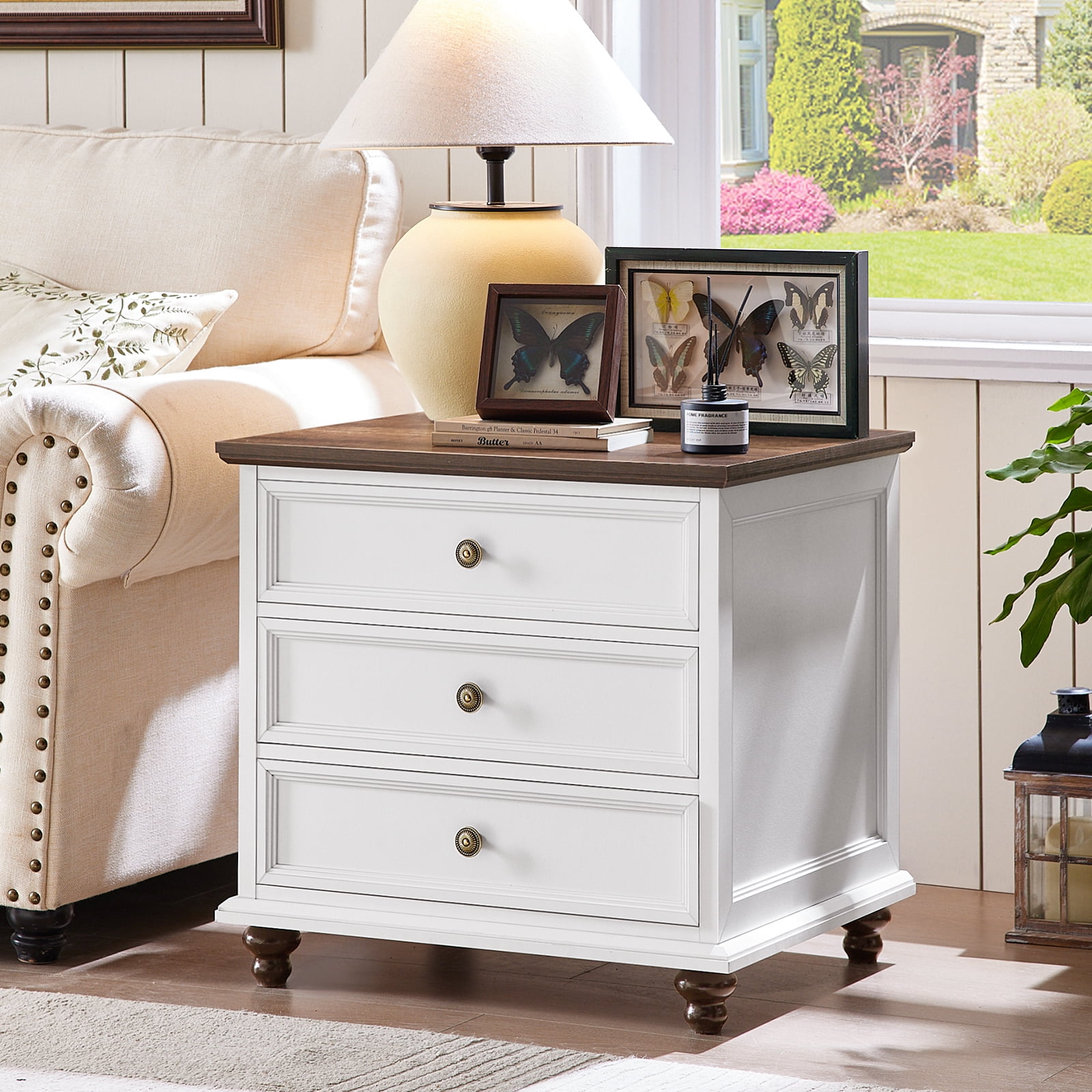 Farmhouse Nightstand with 3 Drawers, Large Wooden Bedside Table for Night Stand for Living Room, Bedroom, Rustic White
