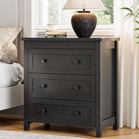 Farmhouse Nightstand with 3 Storage Drawers, 27.55" Wide Wood Bedside Table, Modern Side Table with Metal Handle, End Table for Bedroom, Black
