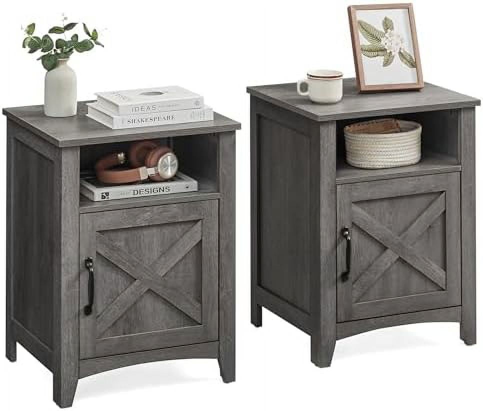 Misty Gray Farmhouse Nightstand with Barn Door and Storage
