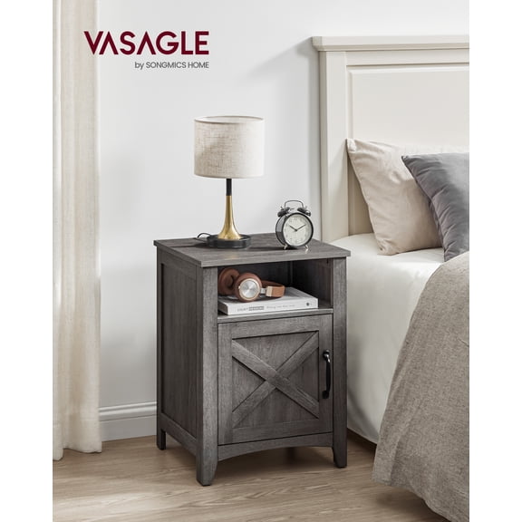 Farmhouse Nightstand with Barn Door, Bedside Table with Storage, Side End Table, Misty Gray