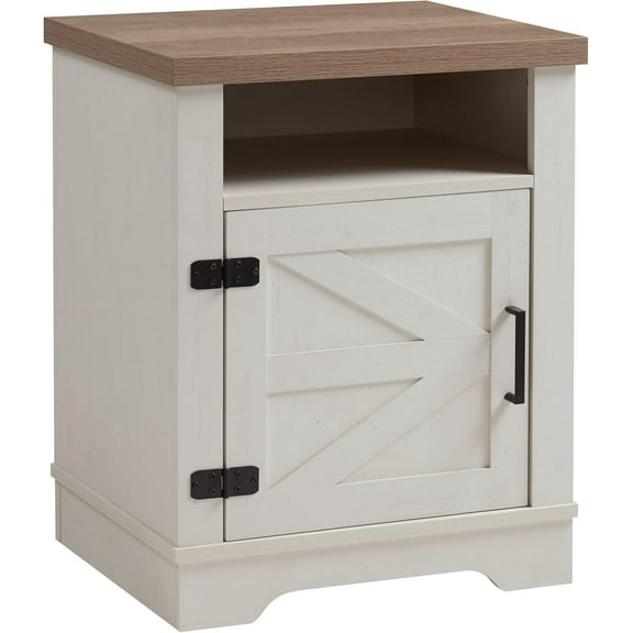 Farmhouse Nightstand with Barn Door, Bedside Table with Storage, Side End Table, Night Stand with Open Shelf, for Bedroom, Living Room,Off White