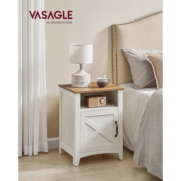 Farmhouse Nightstand with Barn Door, Bedside Table with Storage, Side End Table, White