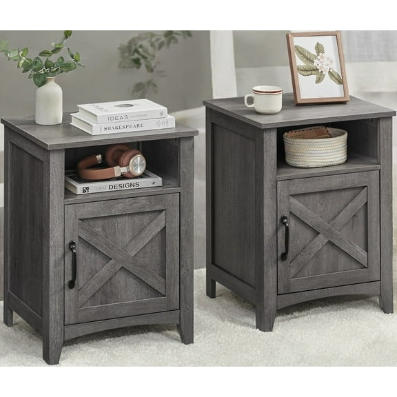 Farmhouse Nightstand with Barn Door, Set of 2, Bedside Table featuring Storage, Side End Table, Night Stand with Open Compartment