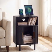 Farmhouse Nightstand with Built-in Charging Station Storage End Table Bedside Table Sliding Door for Bedroom Living Room