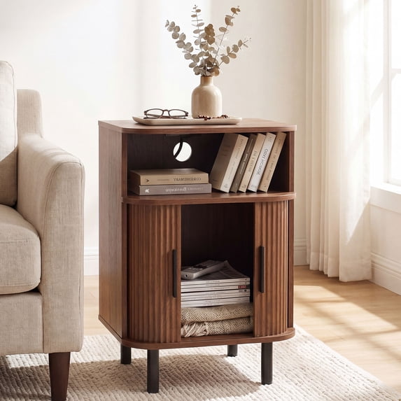 Farmhouse Nightstand with Built-in Charging Station Storage End Table Bedside Table Sliding Door for Bedroom Living Room, Walnut