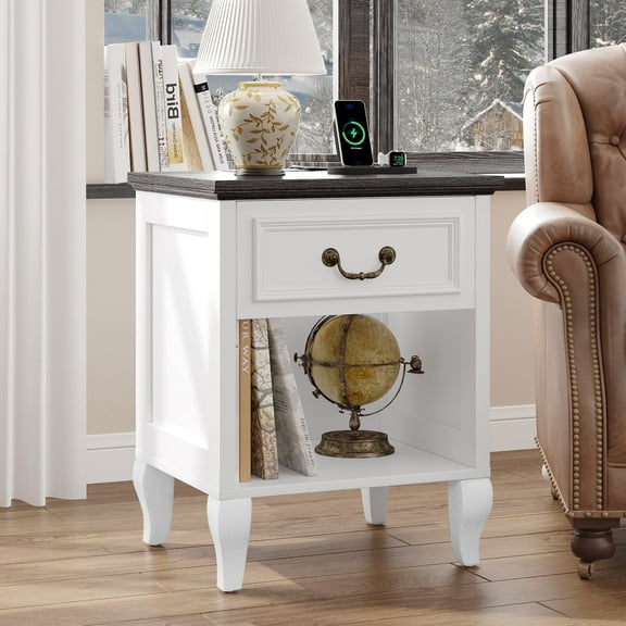 Farmhouse Nightstand with Charger Station, Bedside Table with Drawer Storage for Bedroom，Living Room