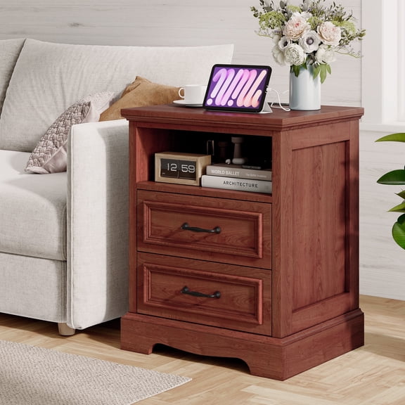 Farmhouse Nightstand with Charging Station, 18'' Bedroom End Table Side Table with 2 Drawers, Cherry Brown