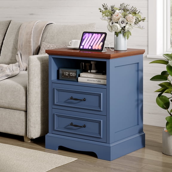 Farmhouse Nightstand with Charging Station, 18'' Bedroom End Table Side Table with 2 Drawers, Dark Blue