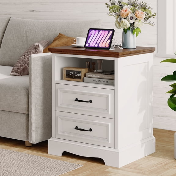 Farmhouse Nightstand with Charging Station, 18'' Bedroom End Table Side Table with 2 Drawers, White Brown