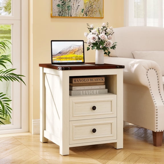 Farmhouse Nightstand with Charging Station, 18" Bedside Table with Drawer & Storage Cabinet, White End Table, Set of 1
