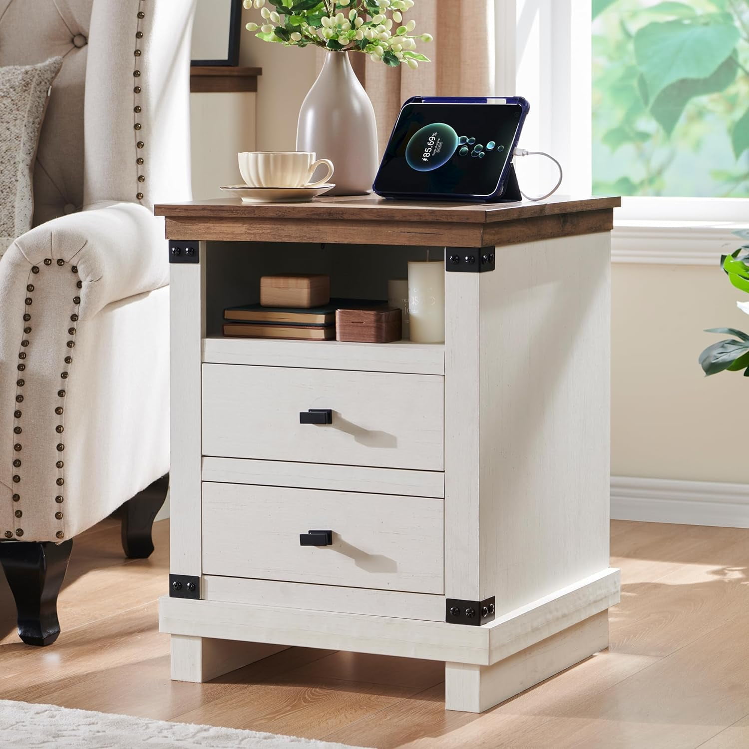 Farmhouse Nightstand with Charging Station, 18" Rustic Night Stand with ...