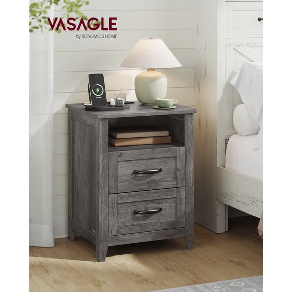 Farmhouse Nightstand with Charging Station, 2-Drawer Bedside Table, Open Shelf, USB & AC Outlets, for Bedroom & Living Room, Misty Gray
