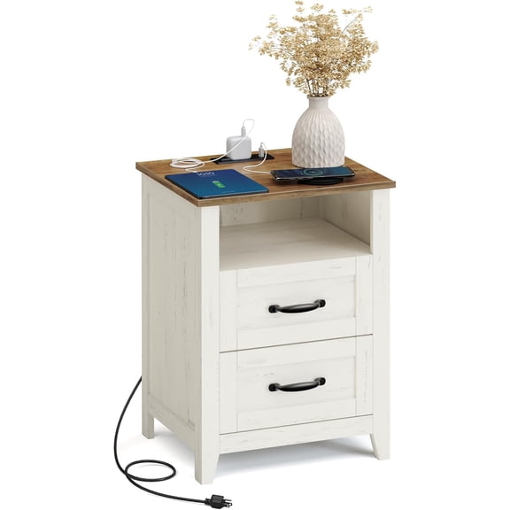 Farmhouse Nightstand with Charging Station, 2 Drawers, Rustic White & Honey Brown