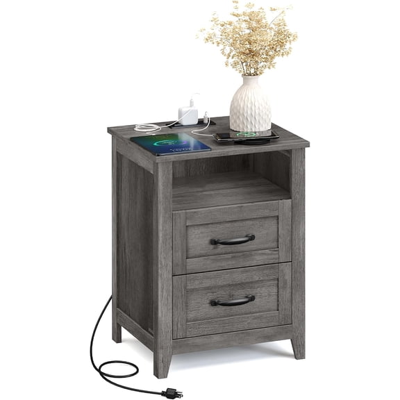 Farmhouse Nightstand with Charging Station, 2 Drawers, Side Table for Bedroom, Living Room, Rustic White & Honey Brown