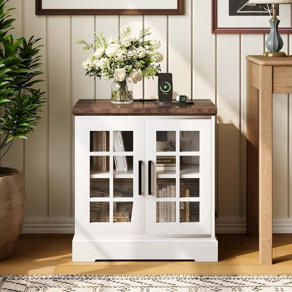 Farmhouse Nightstand with Charging Station, 24 Inch End Table with Tempered Glass Doors & Adjustable Shelf, Rustic Wood Square Sofa Side Table, White