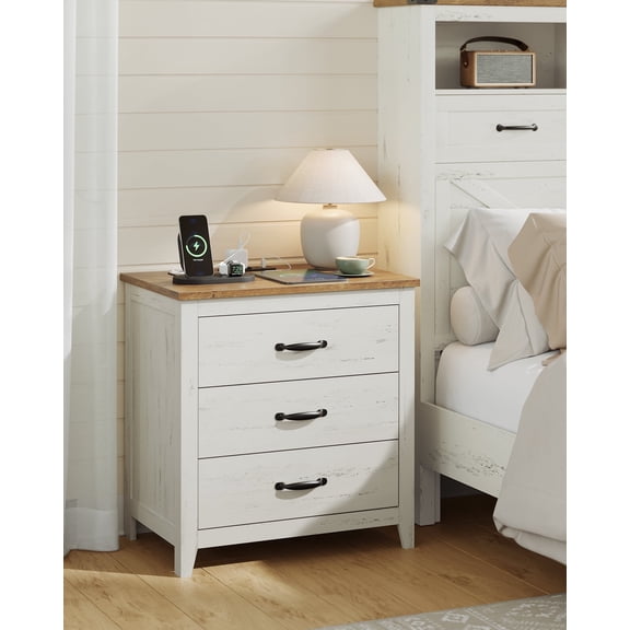 Farmhouse Nightstand with Charging Station - 3-Drawer Bedside Table with USB Ports, Rustic White and Honey Brown