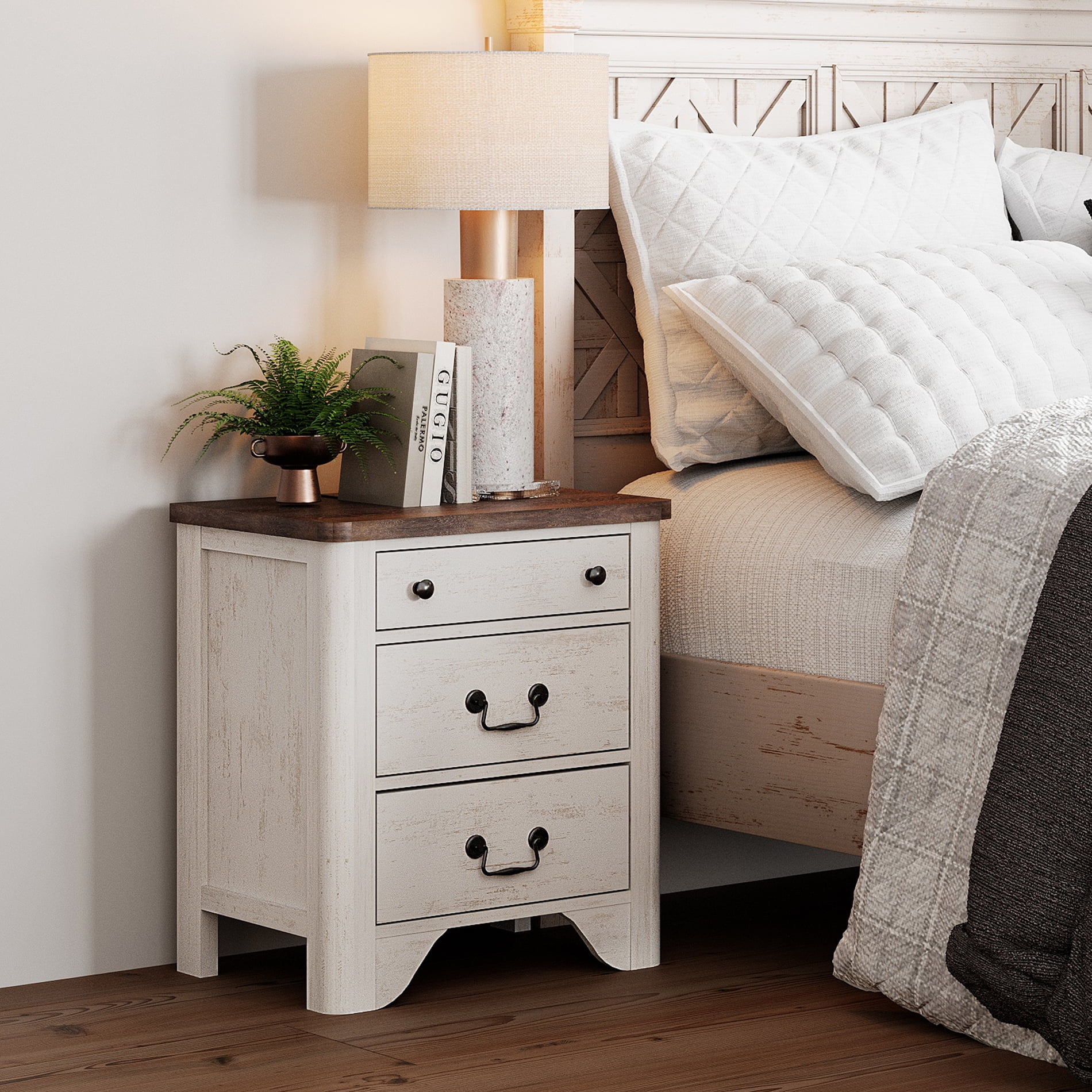 Farmhouse Nightstand with Charging Station, 3-Drawer Night stand, Wood End Table for Bedroom, White
