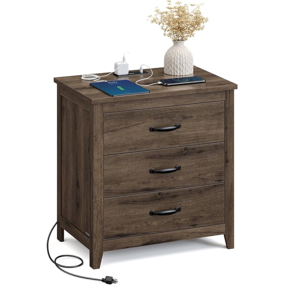 Farmhouse Nightstand with Charging Station, 3 Drawers, 23.6-Inch, Taupe Brown