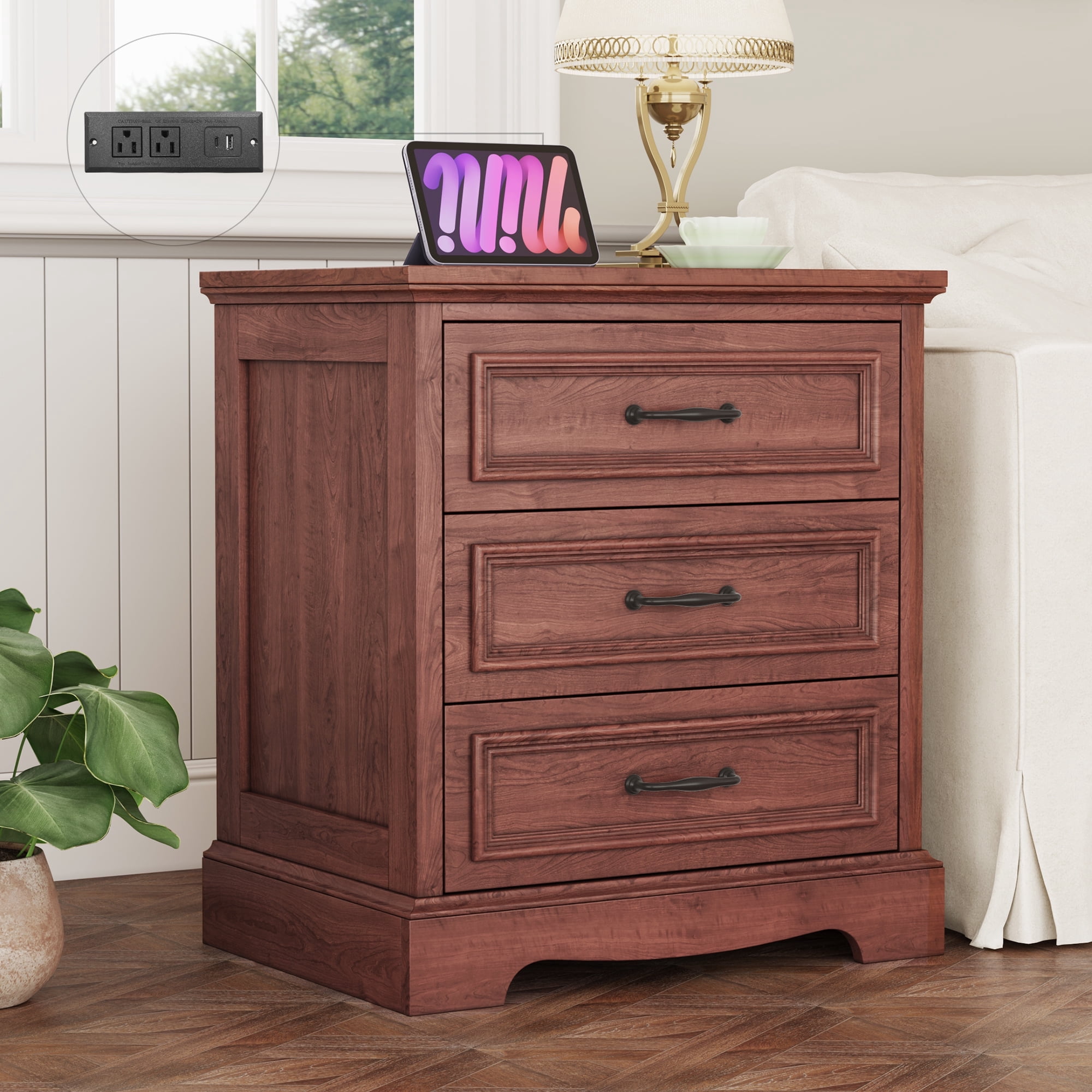 Farmhouse Nightstand with Charging Station, 3 Drawers Bedside Table for Bedroom for Adults, Cherry Brown