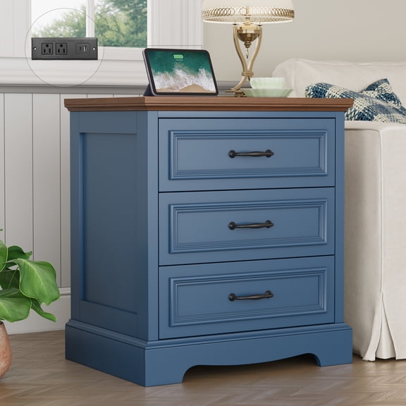 Farmhouse Nightstand with Charging Station, 3 Drawers Bedside Table for Bedroom for Adults, Dark Blue