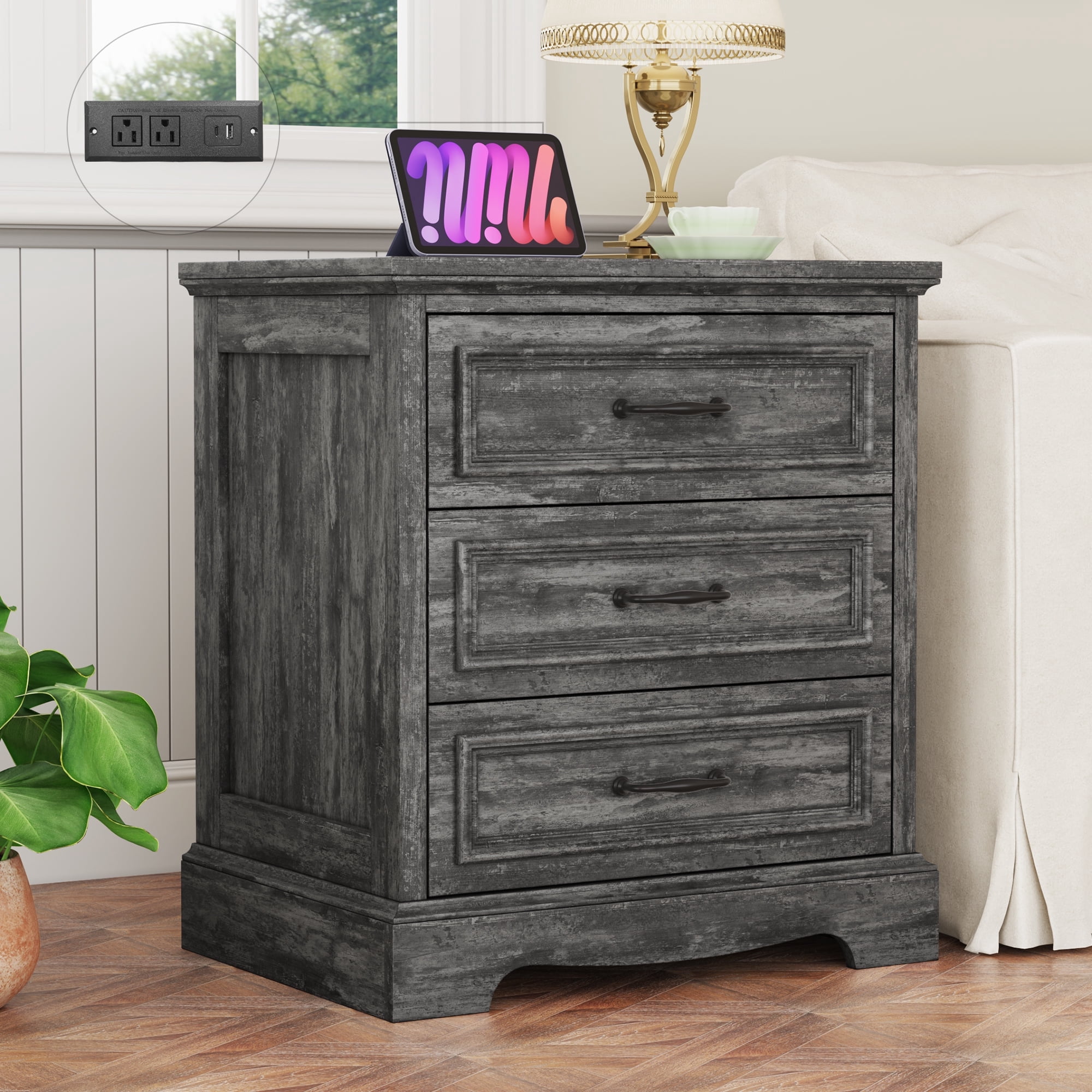 Farmhouse Nightstand with Charging Station, 3 Drawers Bedside Table for Bedroom for Adults, Dark Gray