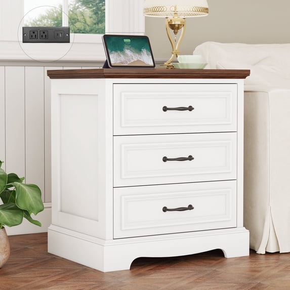 Farmhouse Nightstand with Charging Station, 3 Drawers Bedside Table for Bedroom for Adults, White Brown