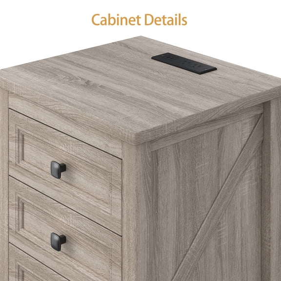 Farmhouse Nightstand with Charging Station AC Outlets USB Port 3 Drawers Side End Table for Bedroom Living Room Office Grey Wood Grain