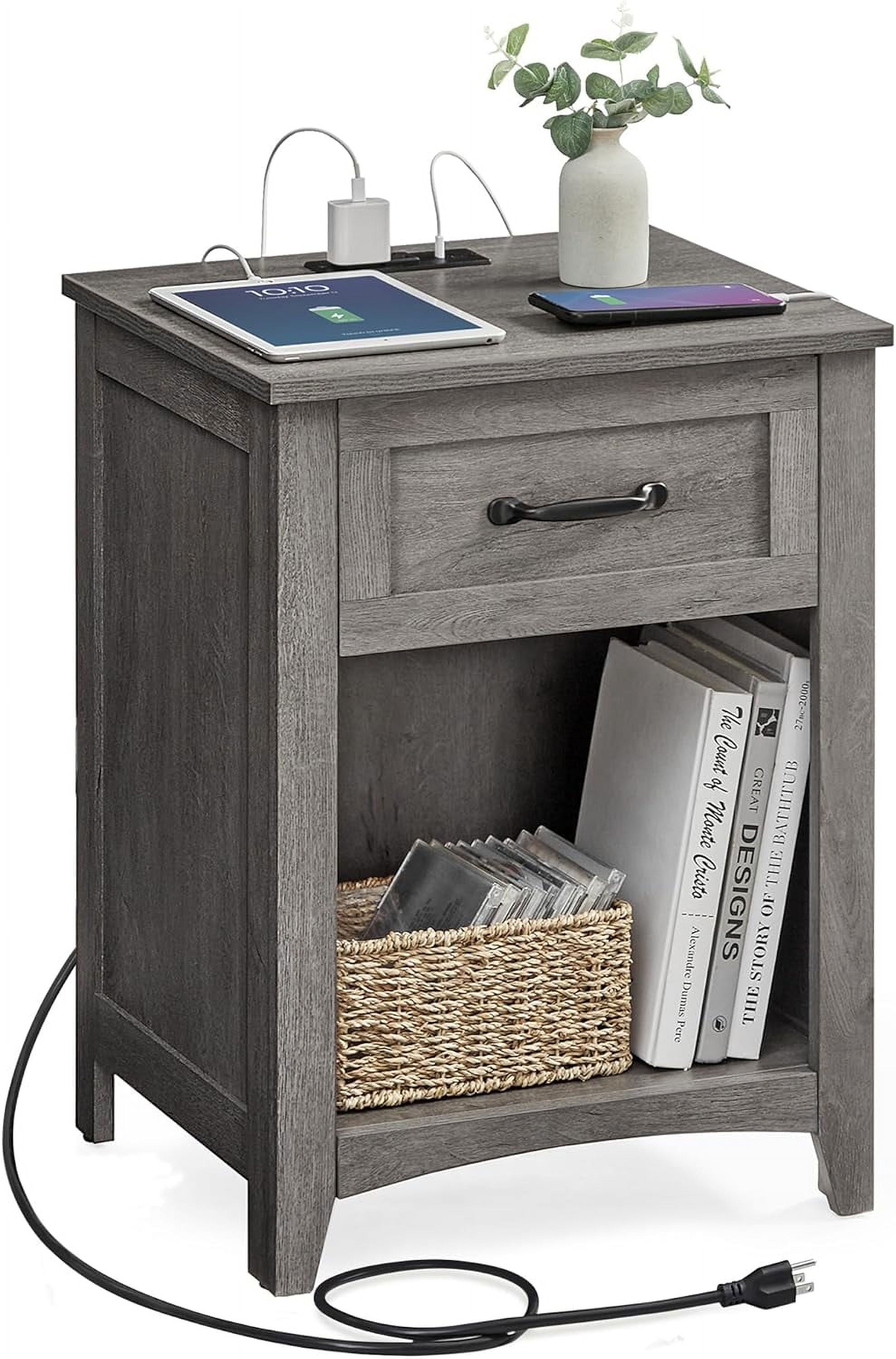 Misty Gray MDF Nightstand with Charging Station and Drawer