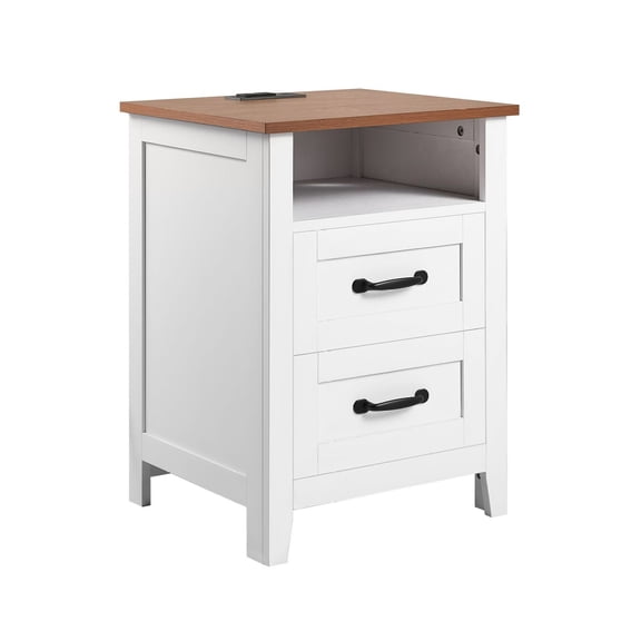 Farmhouse Nightstand with Charging Station, End Table with 2 Drawers and Open Shelf, Bedside Storage Cabinet, White