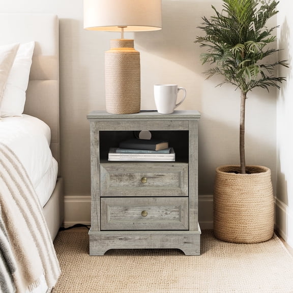 KIGOTY Farmhouse Nightstand with Charging Station, Night Stand Bedside Table with 2 Drawers,End Side Table with Open Shelf for Bed Room (Grey, 1 Pack)