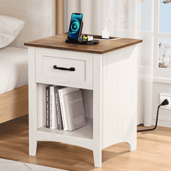 Hommpa End Table With Charging Station For Living Room, Farmhouse Side Table with Drawer, Nightstand Bedside Table with Storage Shelves For Bedroom, Rustic White