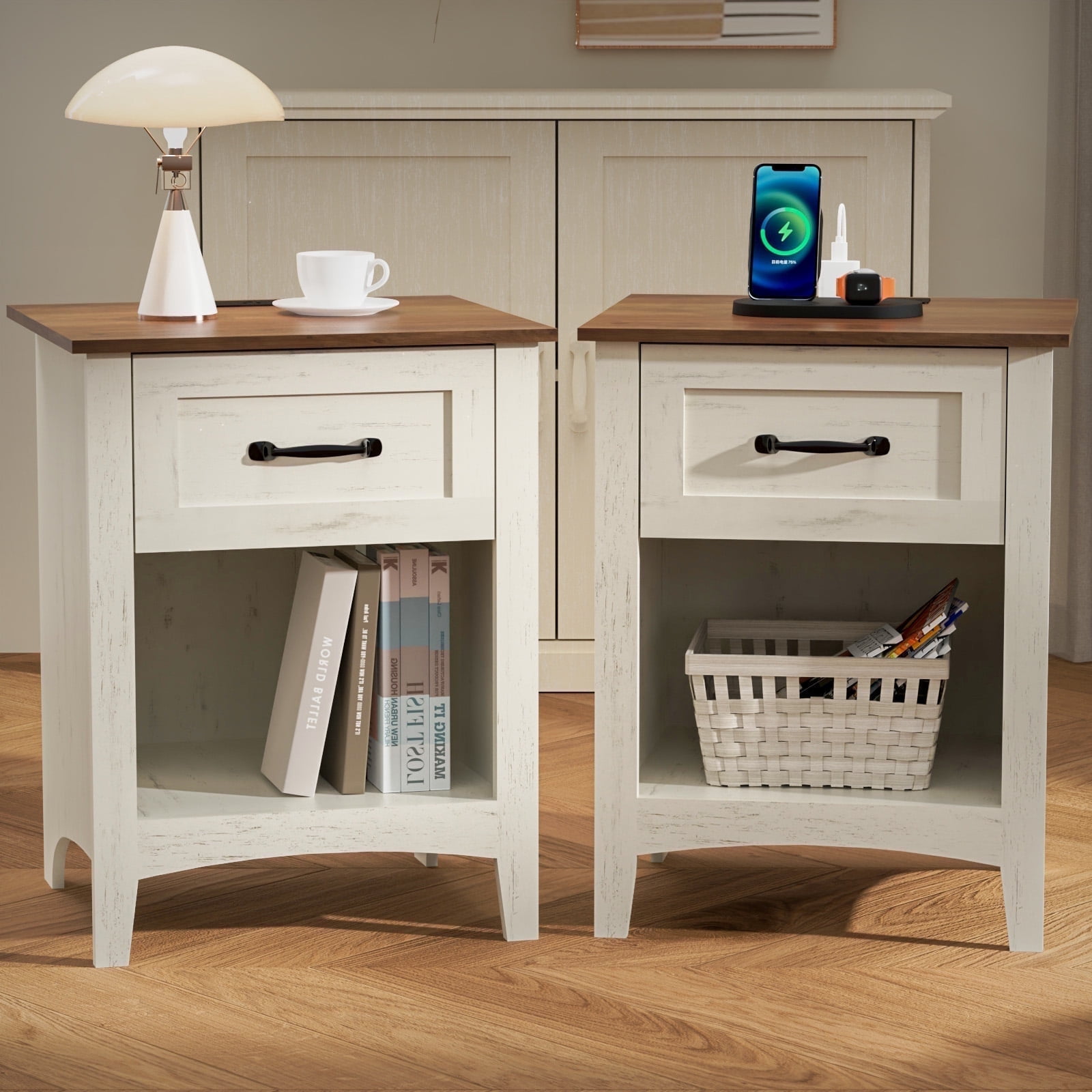 Hommpa Set of 2 End Table With Charging Station For Living Room, Farmhouse Side Table with Drawer, Nightstand Bedside Table with Storage Shelves For Bedroom, Rustic White