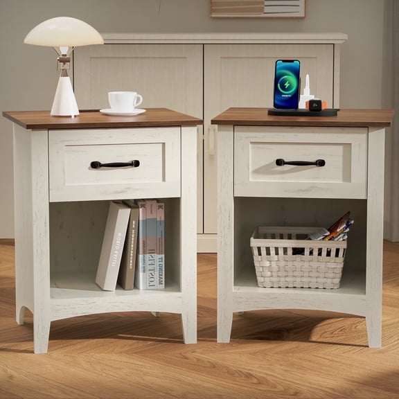 Hommpa Set of 2 End Table With Charging Station For Living Room, Farmhouse Side Table with Drawer, Nightstand Bedside Table with Storage Shelves For Bedroom, Rustic White