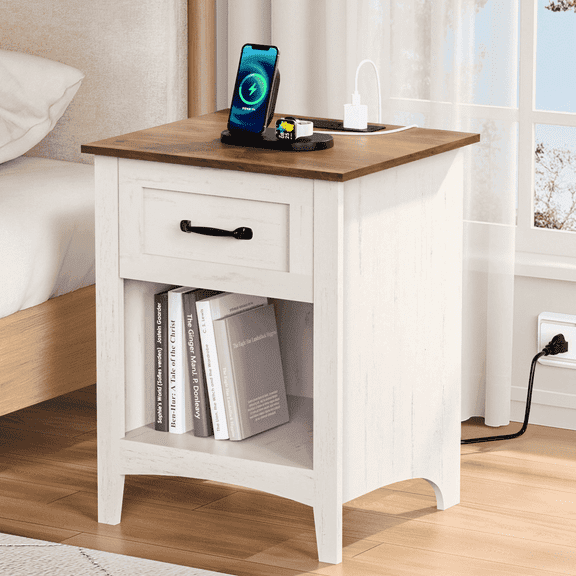 Hommpa End Table With Charging Station For Living Room, Farmhouse Side Table with Drawer, Nightstand Bedside Table with Storage Shelves For Bedroom, Rustic White